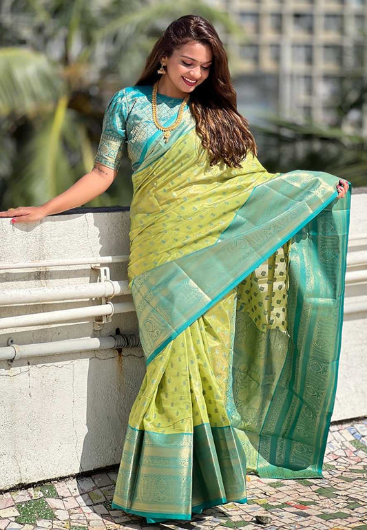 Kanjivaram Tissue Pattu Traditional Saree with zari weaves all over the body