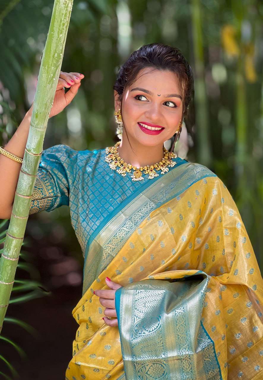 Kanjivaram Tissue Pattu Traditional Saree with zari weaves all over the body