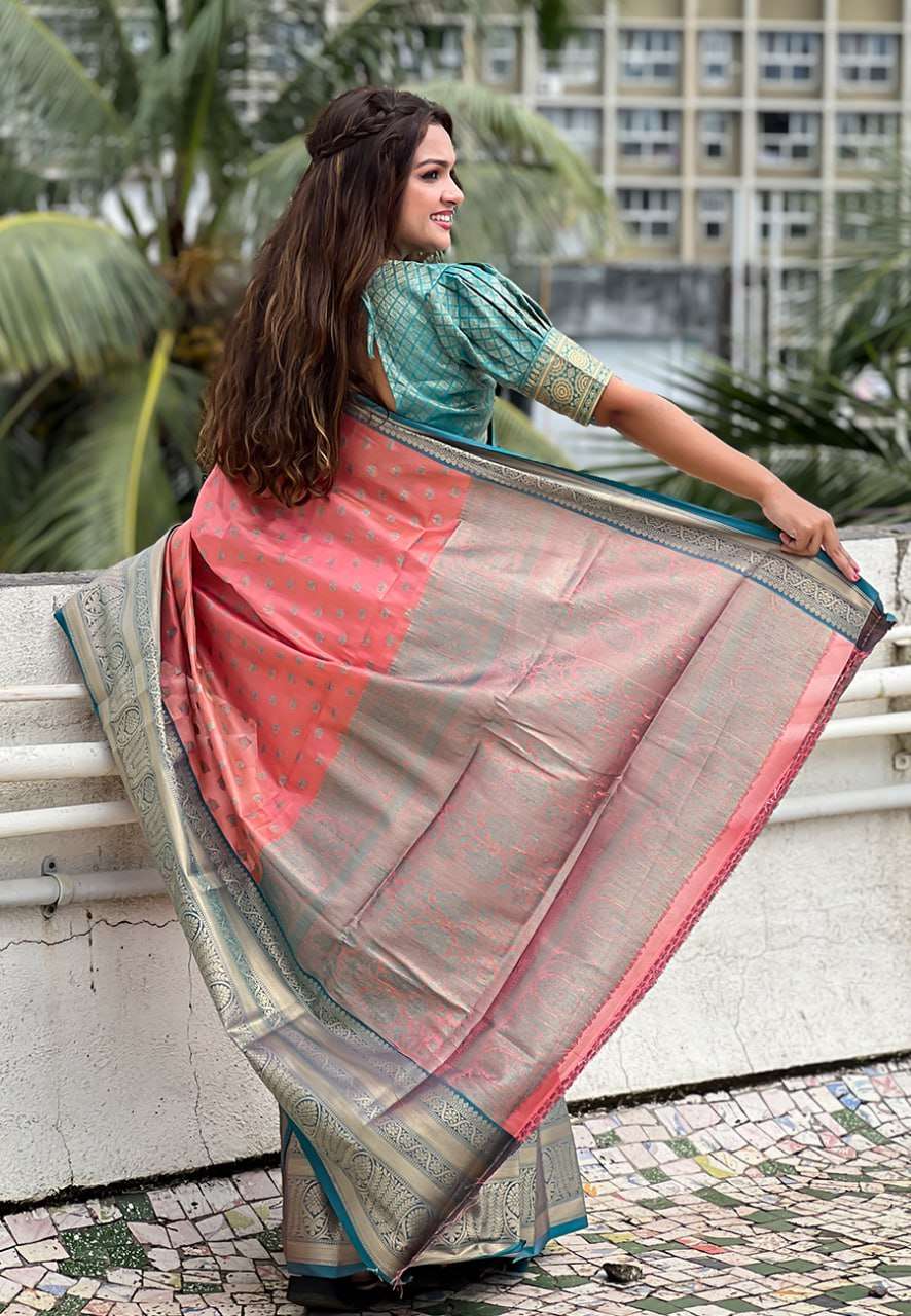 Kanjivaram Tissue Pattu Traditional Saree with zari weaves all over the body