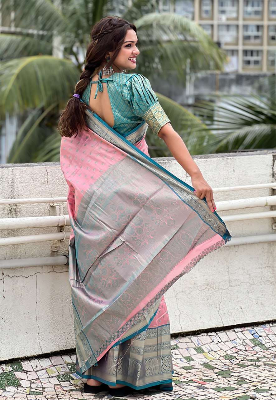 Kanjivaram Tissue Pattu Traditional Saree with zari weaves all over the body