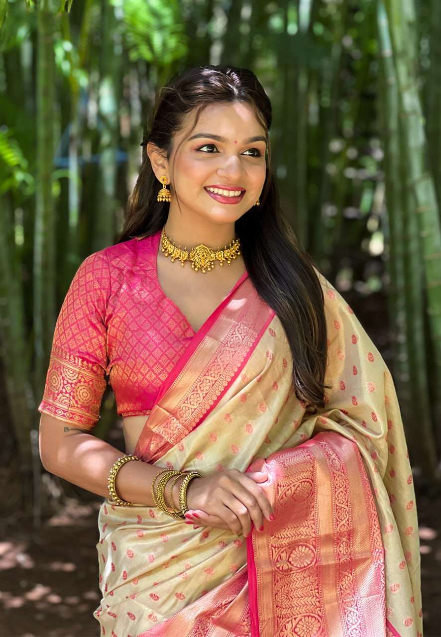 Kanjivaram Tissue Pattu Traditional Saree with zari weaves all over the body