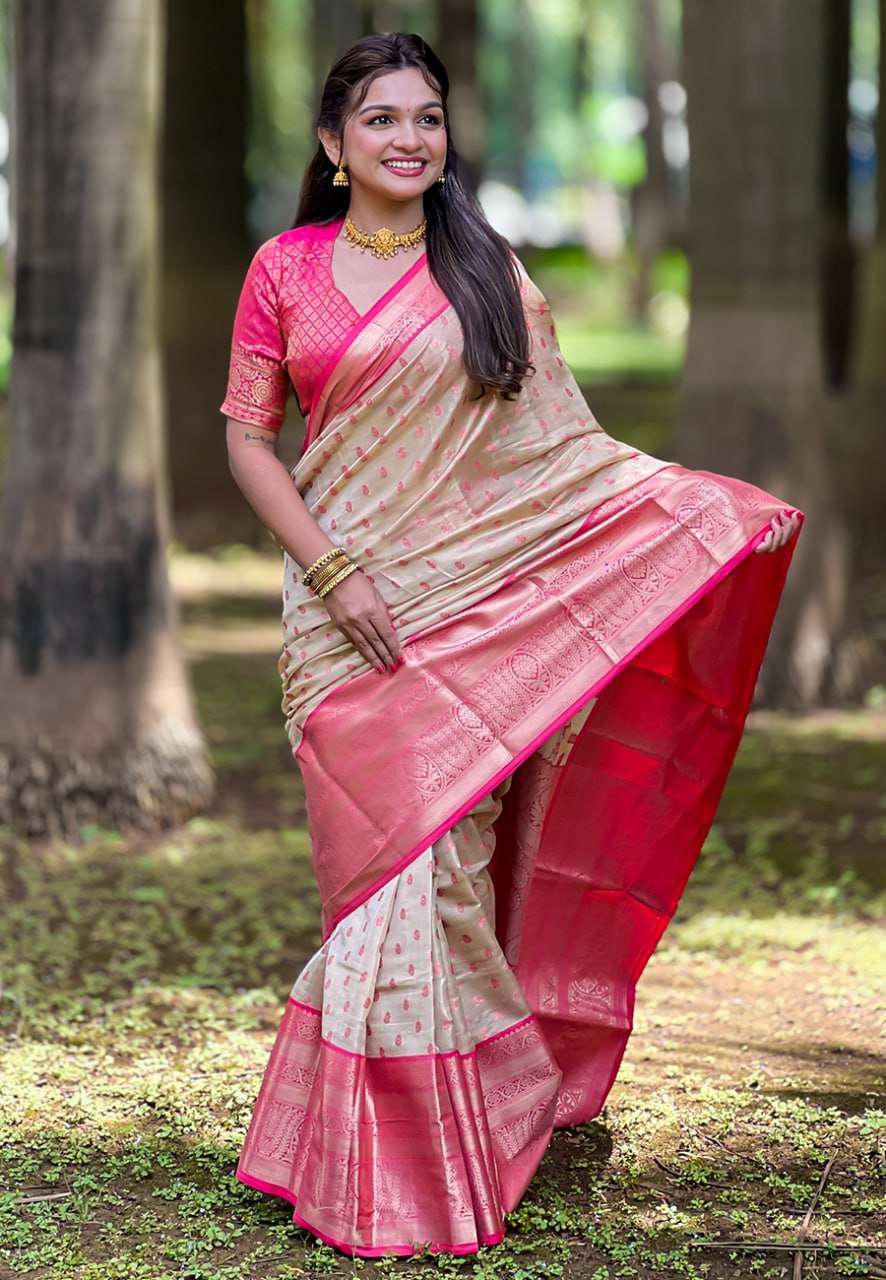 Kanjivaram Tissue Pattu Traditional Saree with zari weaves all over the body