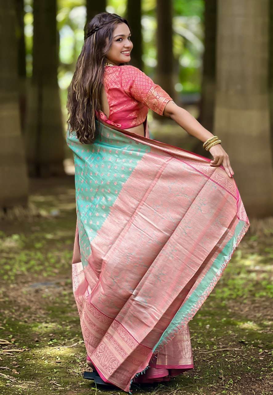 Kanjivaram Tissue Pattu Traditional Saree with zari weaves all over the body