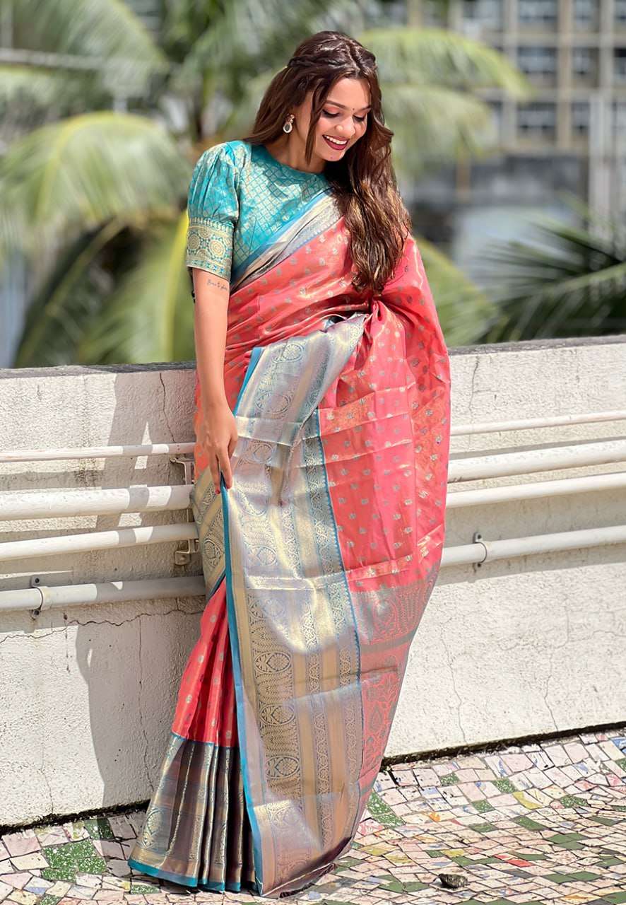 Kanjivaram Tissue Pattu Traditional Saree with zari weaves all over the body