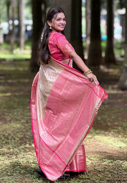 Kanjivaram Tissue Pattu Traditional Saree with zari weaves all over the body