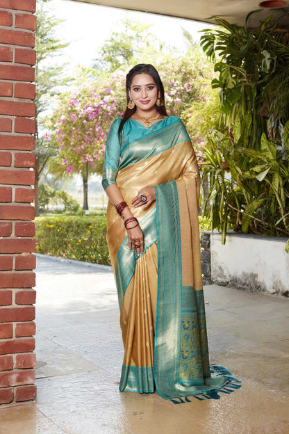 Yellow Soft Flowy Tissue Silk Saree With Weaving Butties