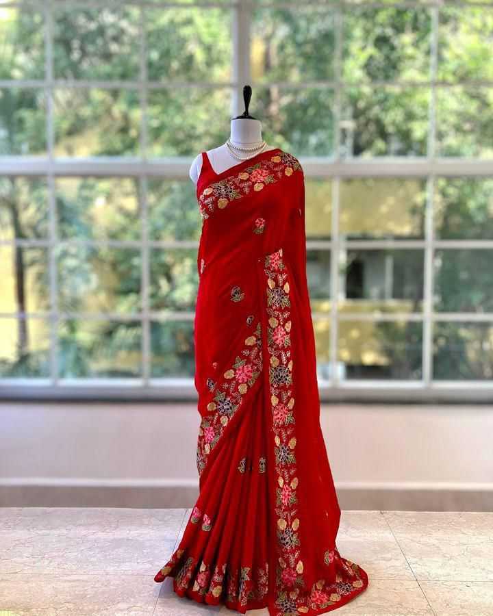 Elegant Red Tussar Silk Saree With Embroidered Border